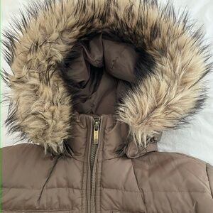 Lands' End Taupe 3/4 Quilted Down Jacket with Faux-Fur Trimmed Hood Small VGUC